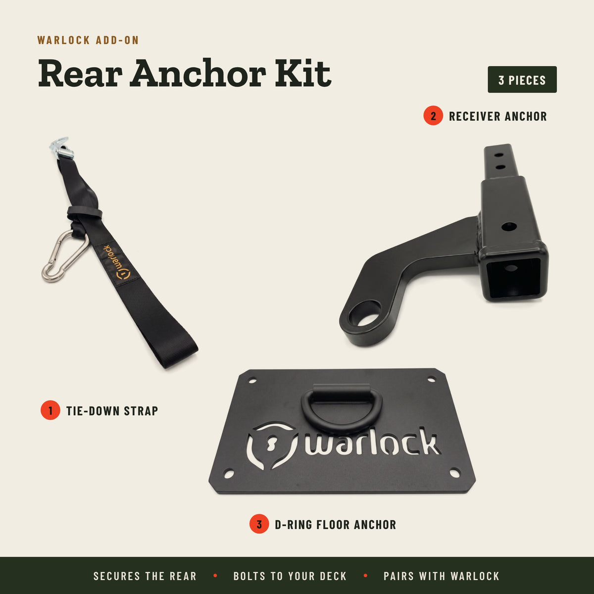 Warlock rear anchor kit: tie-down strap, receiver anchor and D-ring floor plate